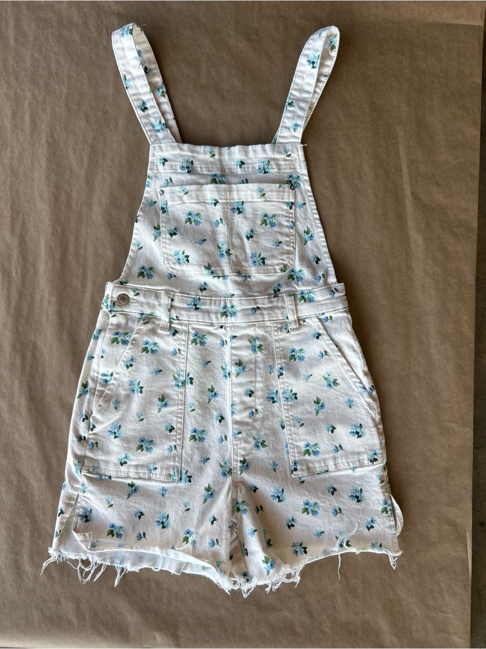 WeWoreWhat Cream Denim Short Overalls with Blue & Green Floral Print